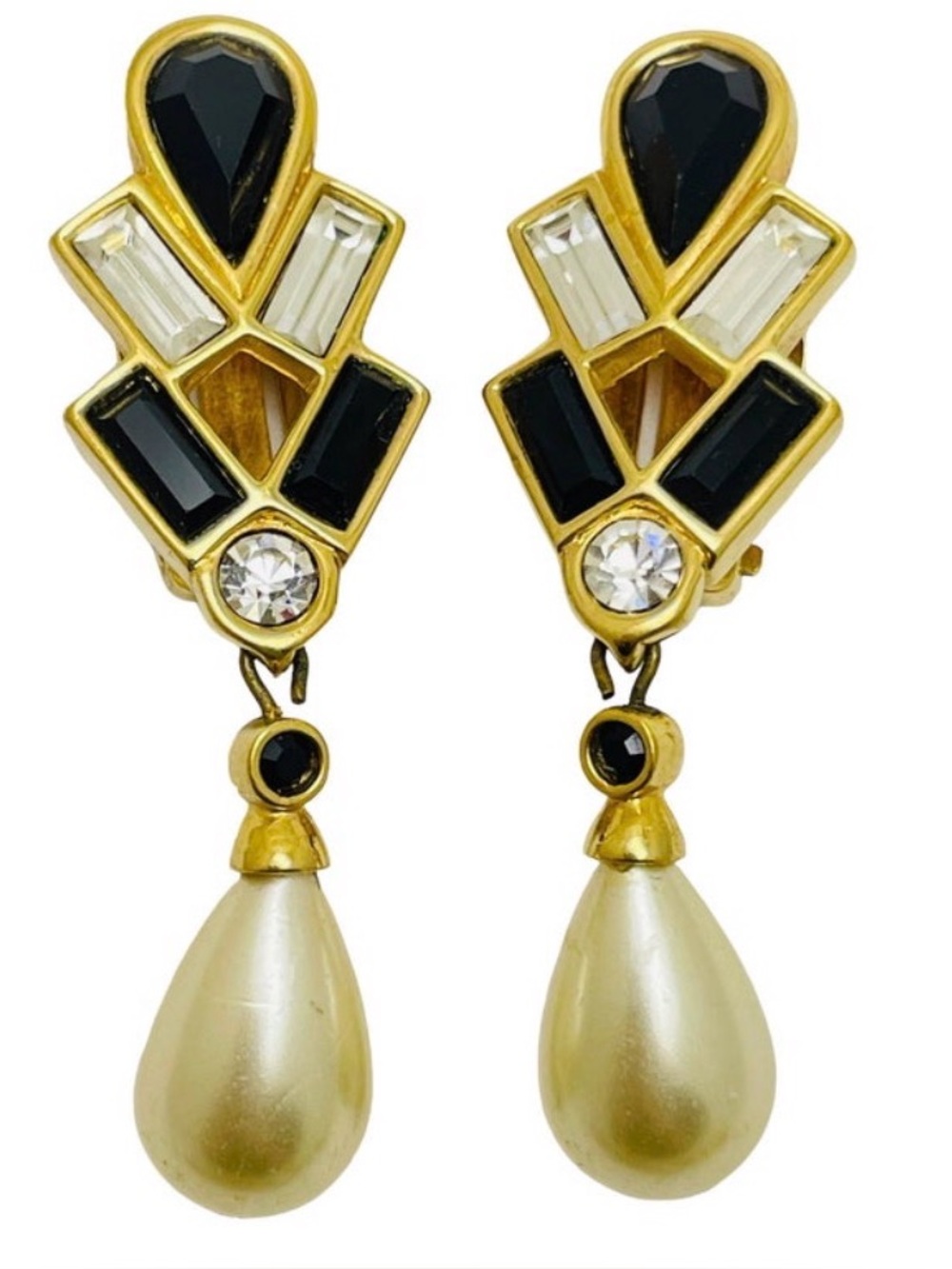 Swarovski Swan Logo signed gold plated designer dangle clip on earrings